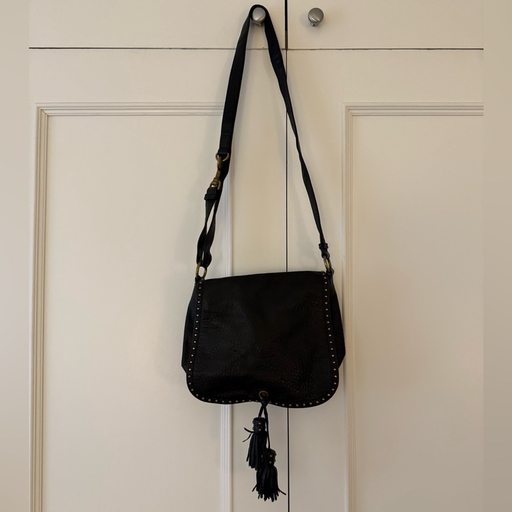 Badgley Mischka Black Leather Crossbody Bag with Tassel Detail